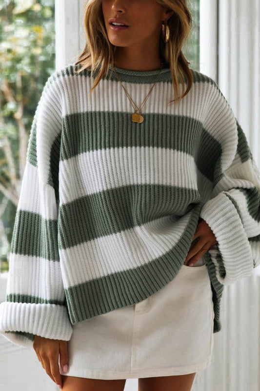 Striped Color-Block Rolled-Neck Sweater Green / S