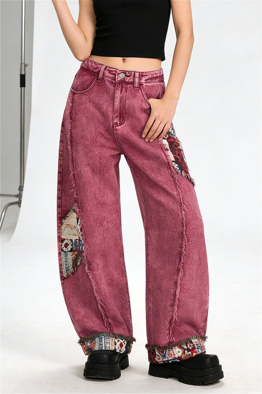 Colorful Tapestry Patch Wide Leg Cuff Jeans