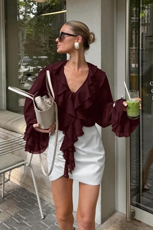 Ruffle Trim Tie Neck Blouse