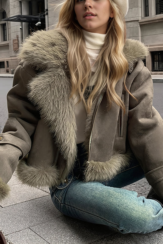 Oversized Fur Collar Suede Look Coat