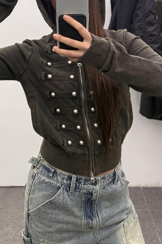 Studded Corset Detail Fitted Zip Hoodie