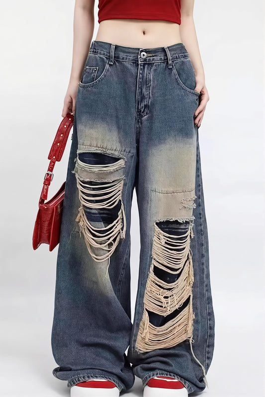 Patchwork Distressed Wide-Leg Jeans