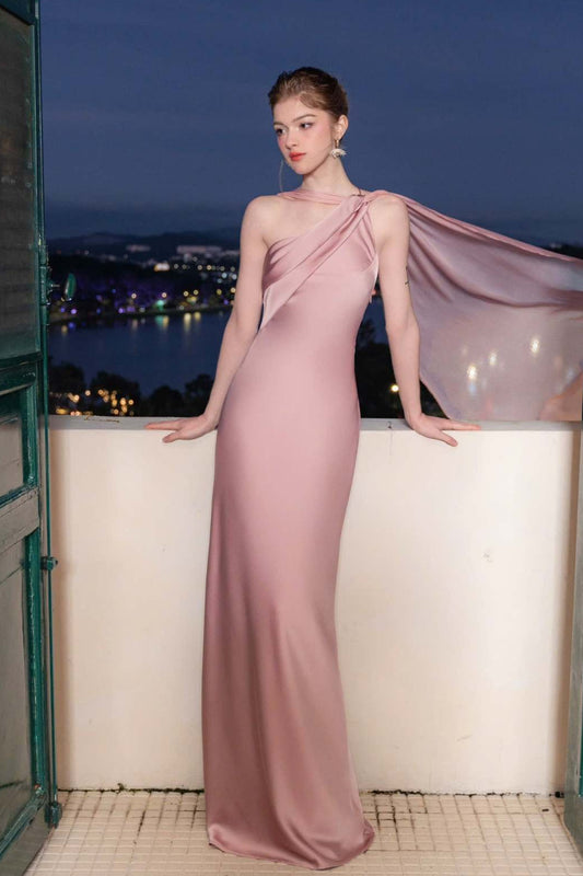 Satin Mermaid Slim Fit Elegant One Shoulder Solid Color Prom Dress