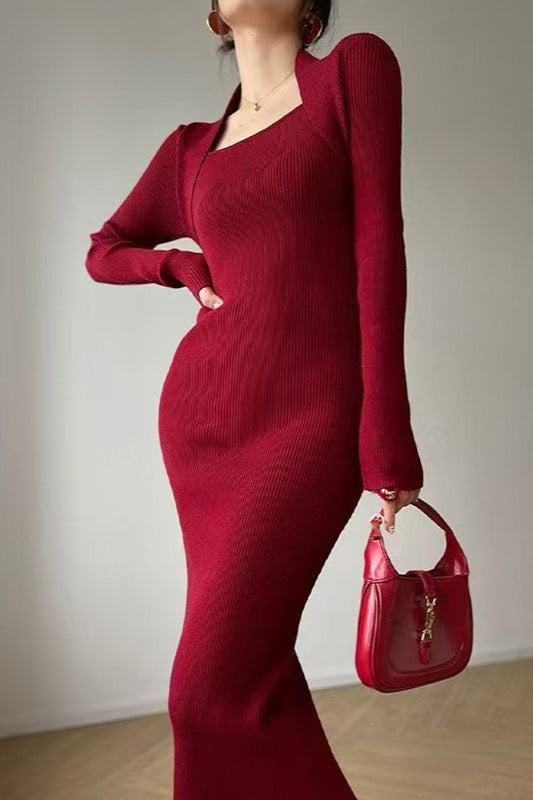 Solid Knitted Square Neck Slim Maxi Dress