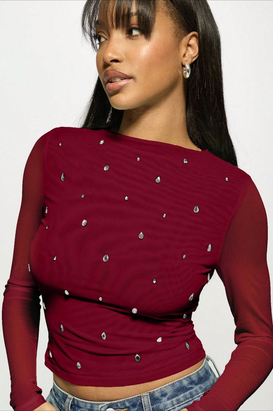 Rhinestone Ruched Mock Neck Mesh Top