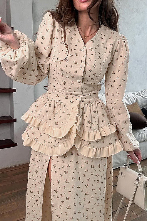 Puff Sleeve V Neck Ruffled Belted Split Elegant Floral Dress