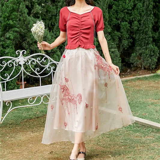 Organza Floral Embroidery Sweet Fashion Two Layered Skirt Beige / S skirt-250126