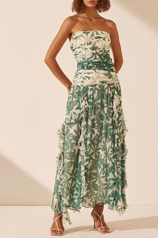 Printed Strapless Chiffon Boho Dress