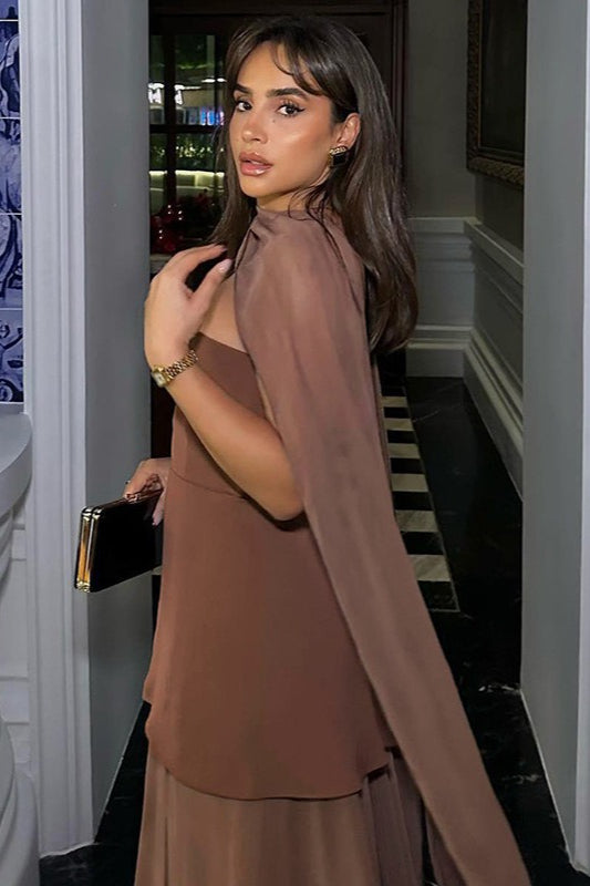 Scarf Neck Strapless Sheer Panel Maxi Dress