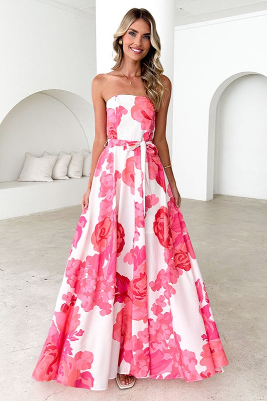 Trägerloses Maxikleid mit buntem Print und Bindeband