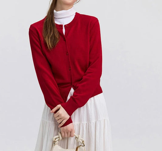Red Solid Color Elegant Layered Cardigan Cardigan-241208