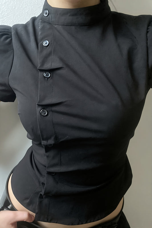 Stand Collar Ruched Button Blouse
