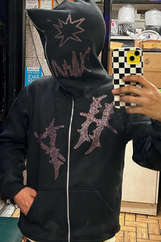 Pink Rhinestone Graphic Zip Hoodie
