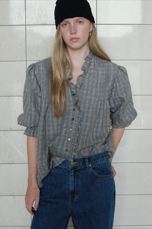 Casual Plaid Ruffle Long Sleeve Blouse