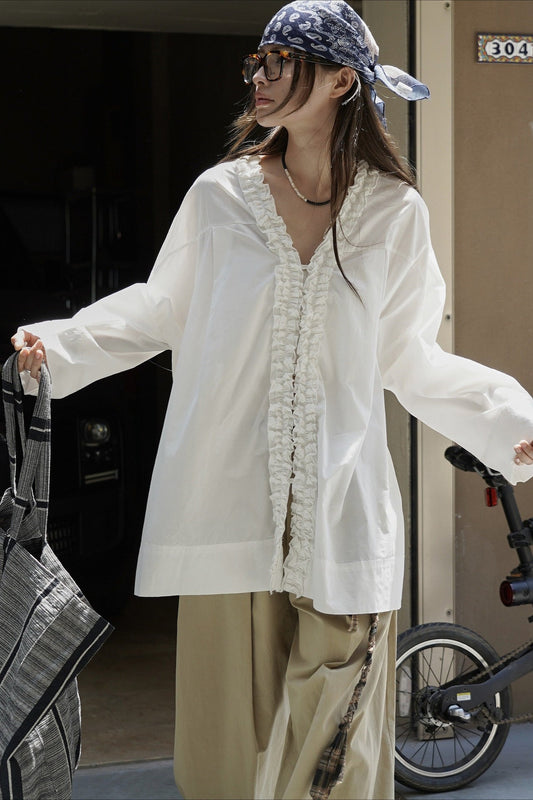 Chemisier à manches longues en patchwork à volants