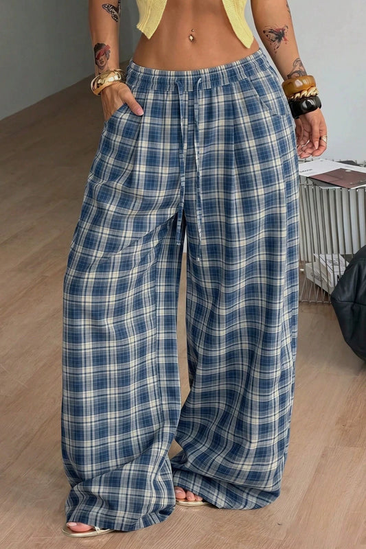 Drawstring Plaid Wide Leg Pants