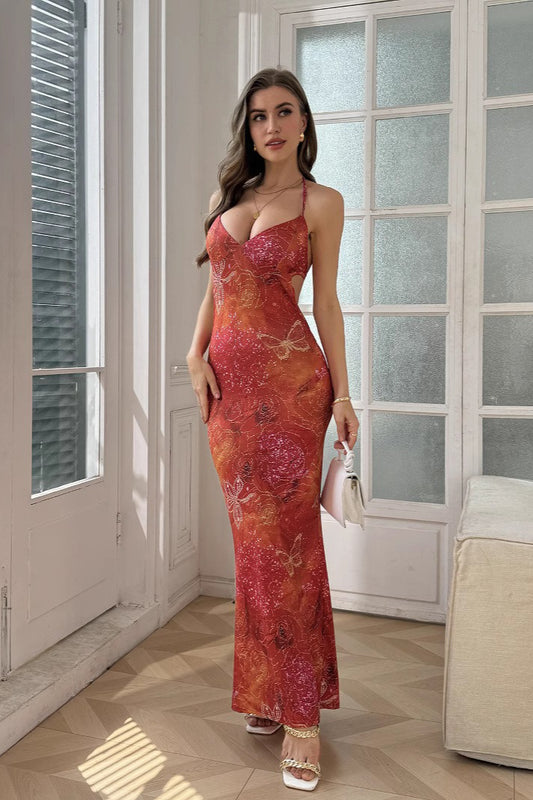 Robe longue de vacances à imprimé floral et col en V