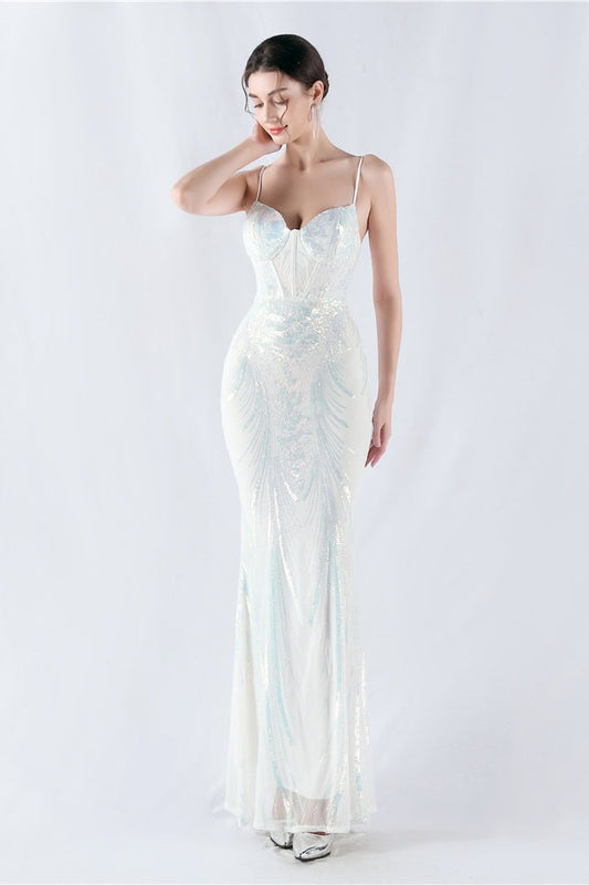Boned Sequin Embroidered Formal Dress S / White