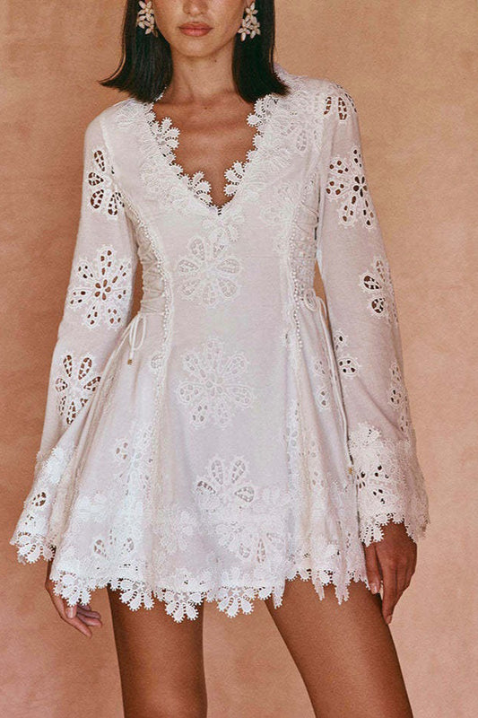 Fitted Lace Trim Tie Long Sleeve Mini Dress