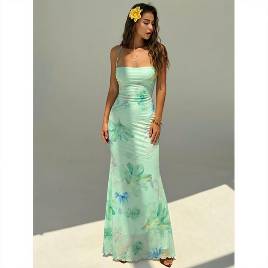 Floral Print Backless Mermaid Hem Cami Vacation Maxi Dress