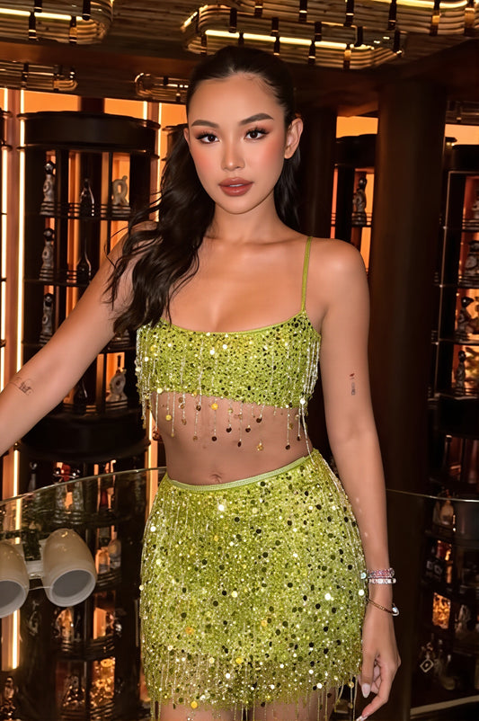 Sequin Fringe Cami Skirt Set