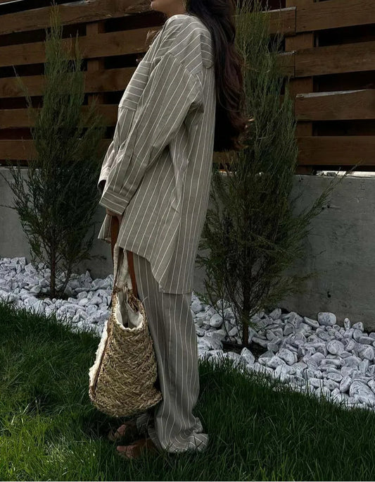 Khaki Print Pockets Straight Pants Office Two Piece Set