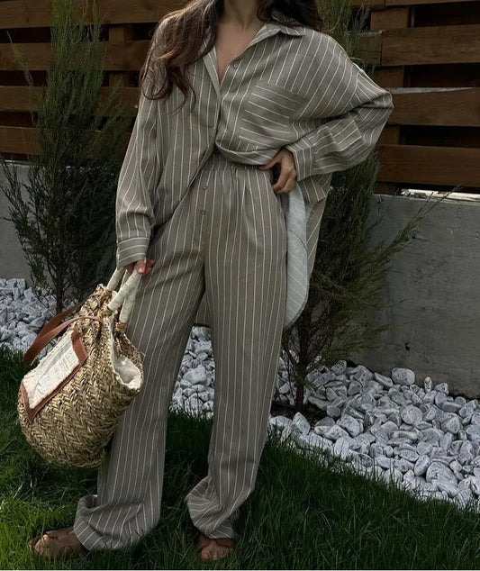 Khaki Print Pockets Straight Pants Office Two Piece Set