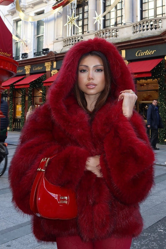 Angora Red Faux Fox Fur Cropped Hooded Coat Red / XS