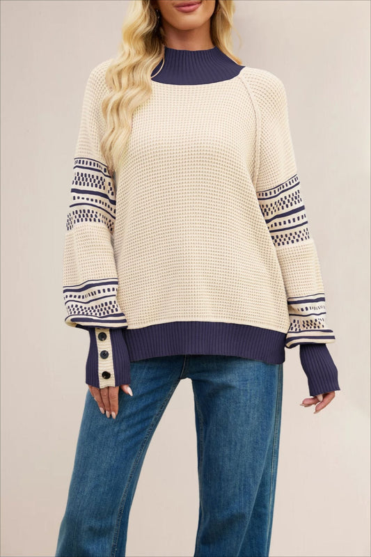 Color-Block Mock Neck Fashion Knit Sweater Apricot / S