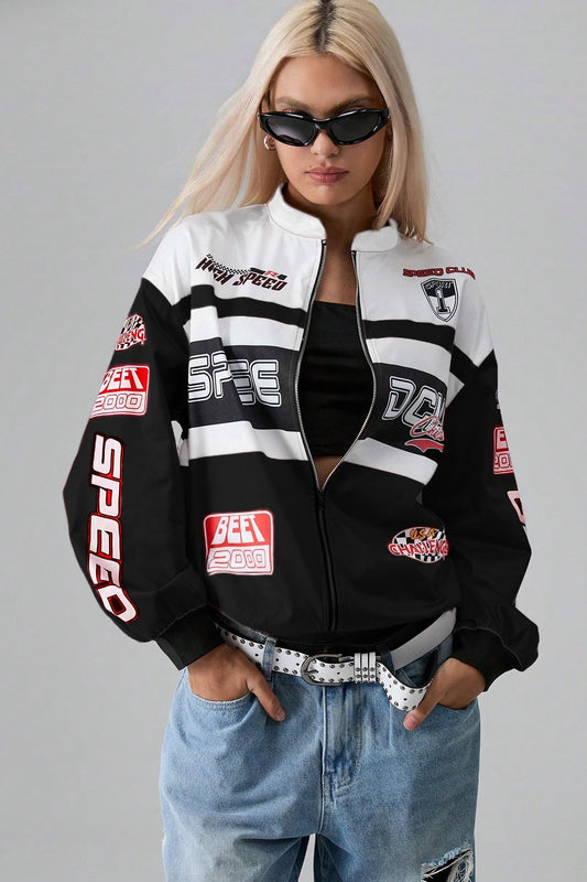 Letter Print Long Sleeve Fashion Jacket Black / XS