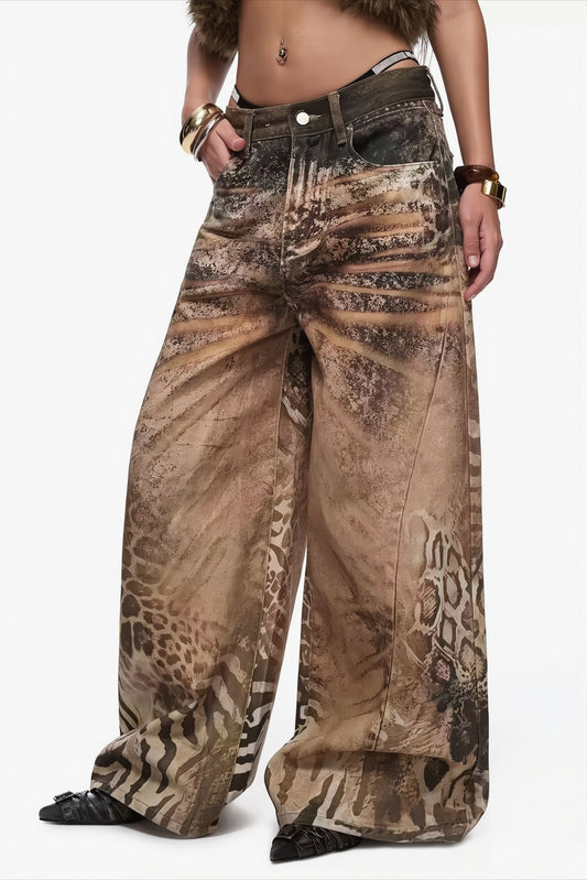 Leopard Zebra Print Wide Leg Jeans