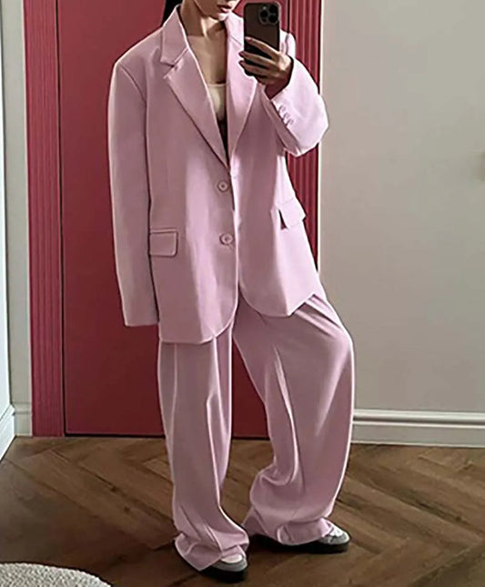 Pink Pockets Blazer Straight Trousers Office Two Piece Set