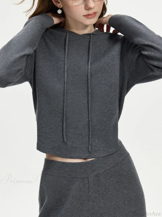 4.1% Wool Short Hooded Chic Knitwear Sweater Gray Top / XS