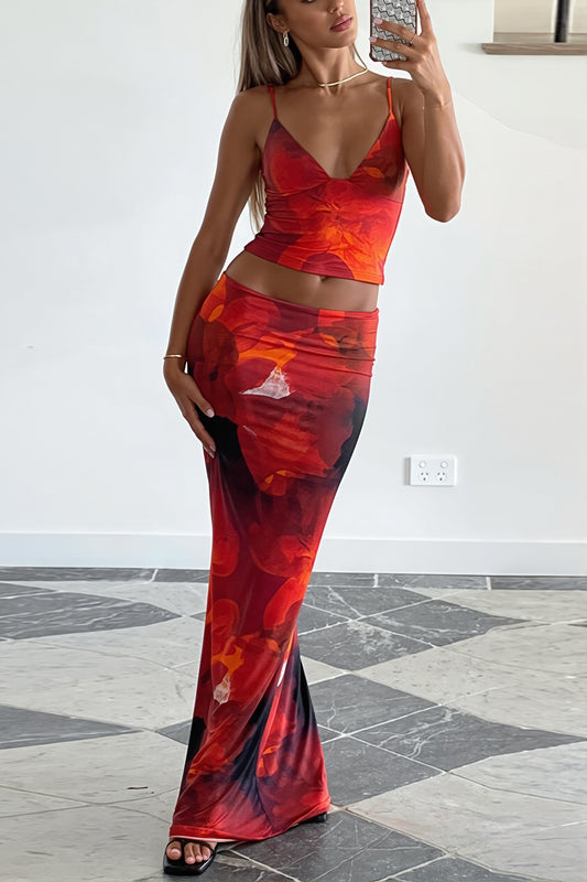 Floral Print Cami Top and Midi Skirt Set