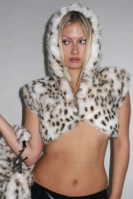 Hooded Leopard Print Fuzzy Cropped Vest