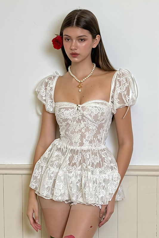 Lace Puff Sleeve Ruffle Mini Dress