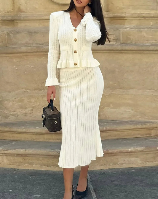 Elegant Knitted Matching Long Office Two Piece Set