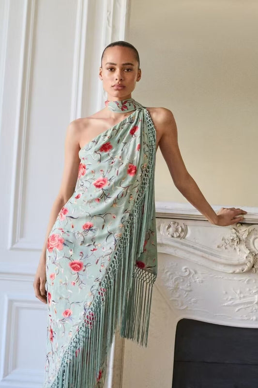 Robe bohème à franges imprimée et col licou