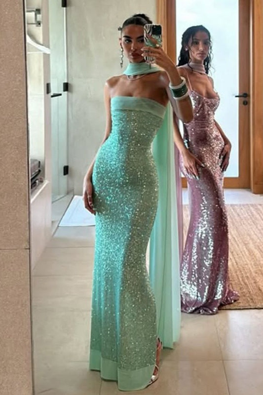 Sexy Strapless Solid Color Slim Fit Long Sequin Prom Dress