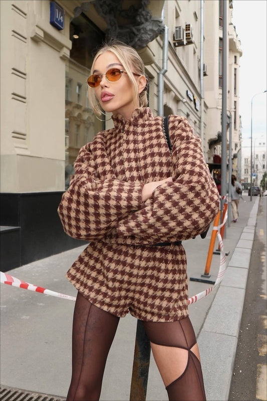 Vintage Houndstooth Zip Jacket and Shorts Two Piece Set