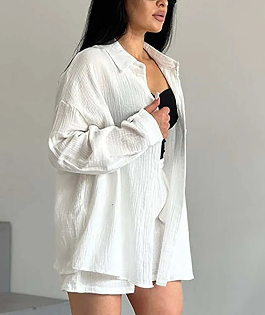 Blue Cotton Drawstring Shorts Office Two Piece Set