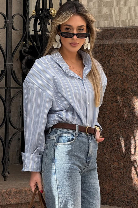 Loose Striped Collared Long Sleeve Blouse