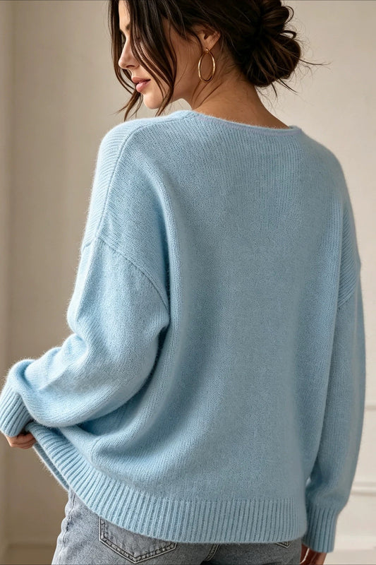 Relaxed V Neck Rib Trim Knit Sweater