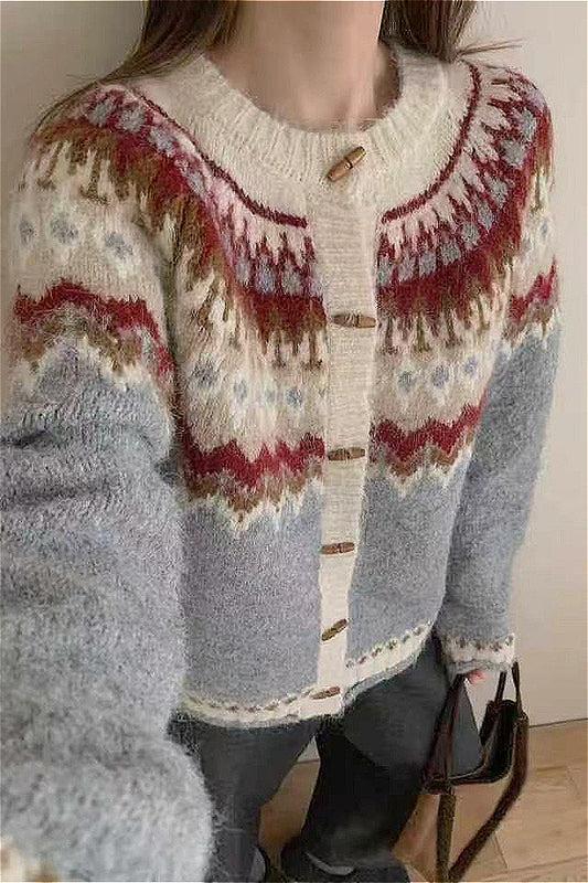 Crew Neck Fair Isle Horn Button Knit Cardigan