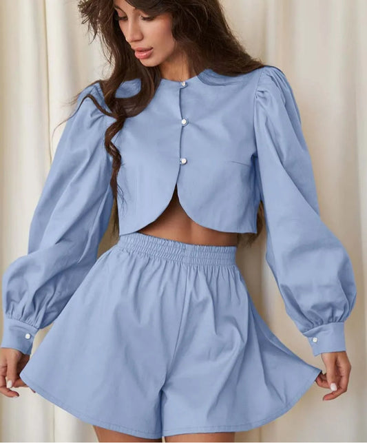 Blue Cotton O-Neck Crop Shorts Office Two Piece Set