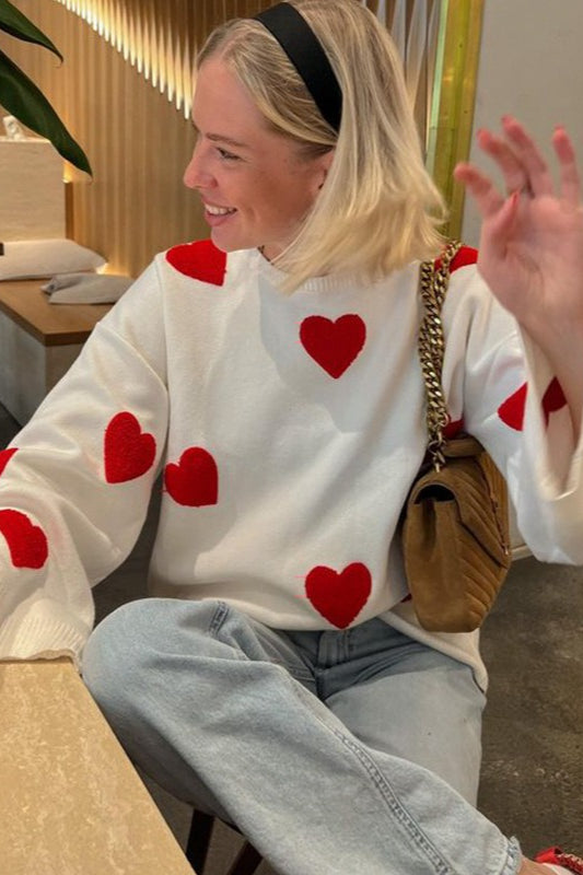 Heart Embroidery Crew Neck Long Sleeve Knit Blouse