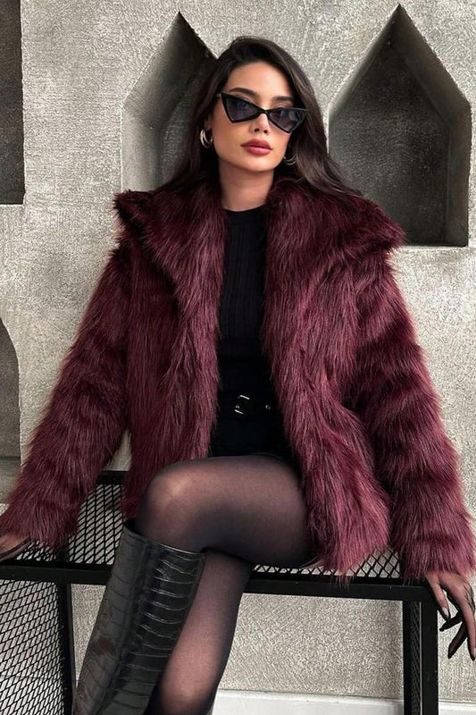 Plush Solid Color Faux Animal Fur Warm Notch Collar Coat