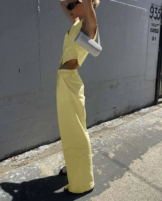 Yellow Cotton Sleeveless Crop Trousers Office Two Piece Set