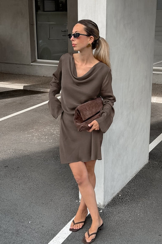 Vintage Satin Cowl Neck Long Sleeve Mini Dress