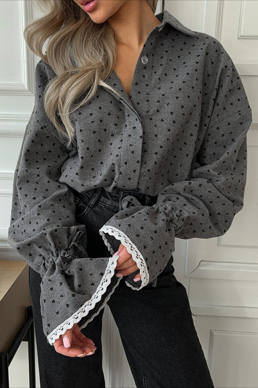 Heart-Print Single-Button Shirt Cardigan Blouse Grey / S